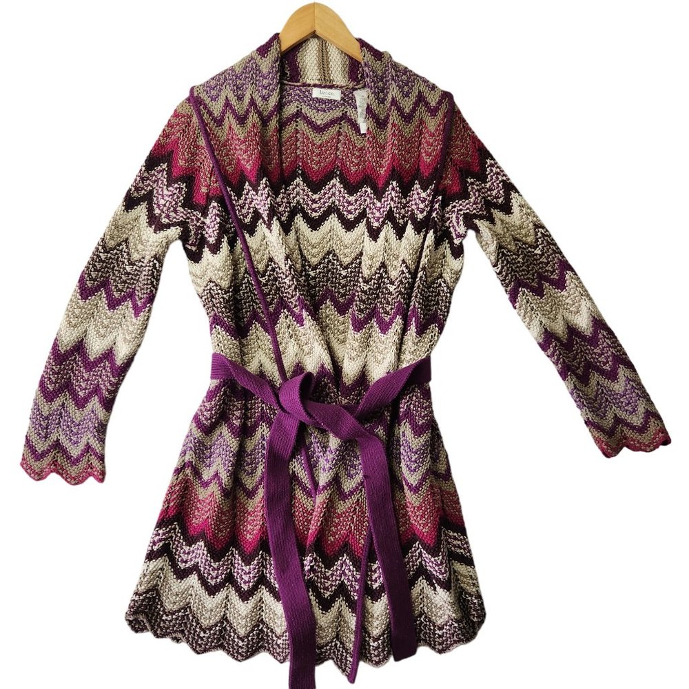 Liz & Co Womens 100% Cotton Chevron Knit Long Open Front Belted Cardigan 1X